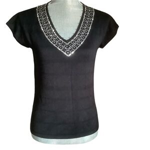 Vintage Marshall fields ribbed sequins black v-neck short sleeve elegant top S